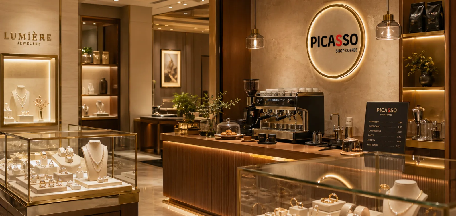 Mücevher mağazası içinde Picasso Shop Coffee kahve alanı